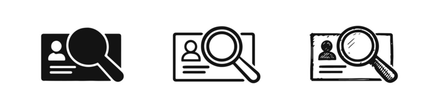 User ID Card Search Icon Set, Magnifying Glass Over Profile Card, Identity Document Lookup Glyph Pictogram Bundle