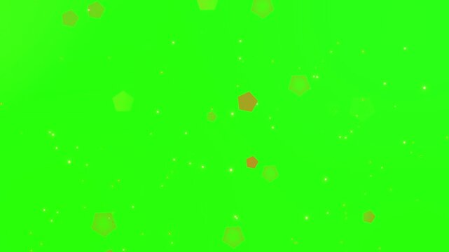 Green background with scattered gold hexagons and small white dots, decorative abstract pattern