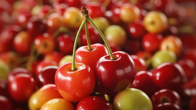 Close-up of fresh cherries with stems, ripe red and yellow cherries