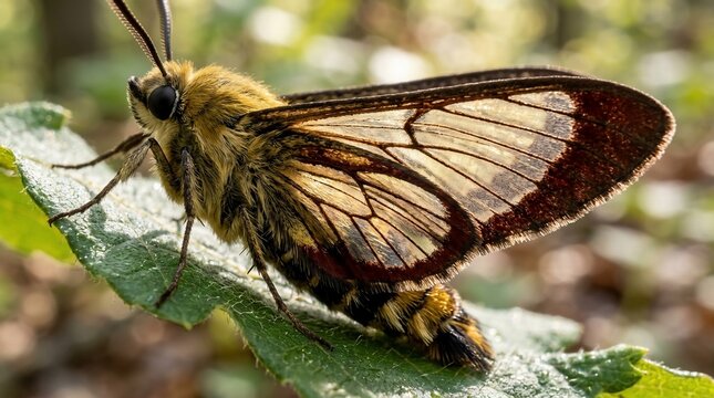 Macro photography of a beautiful skipper butterfly resting on a green leaf.