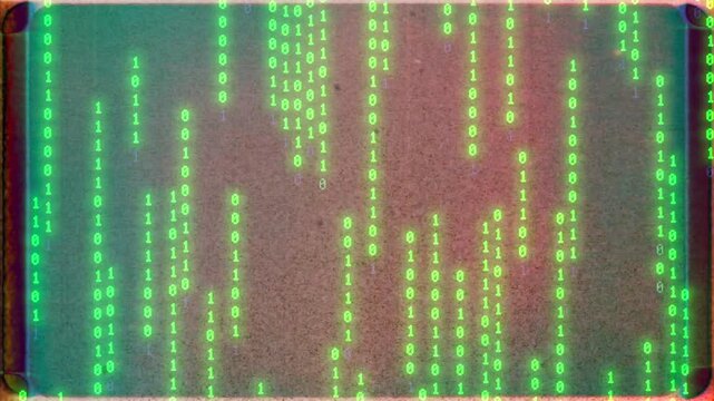 Green glowing binary code falling down on screen with retro style film grain and frame texture