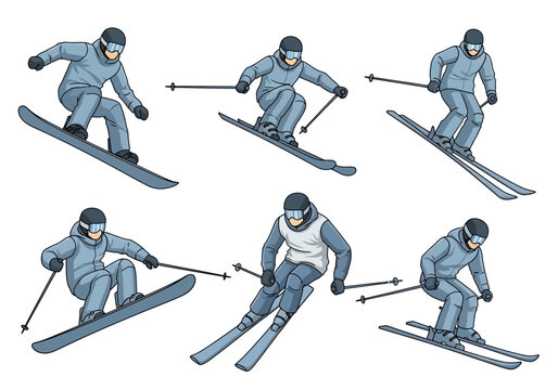 Skiing and Snowboarding Character Set: Collection of Winter Sports Athletes in Various Action Poses