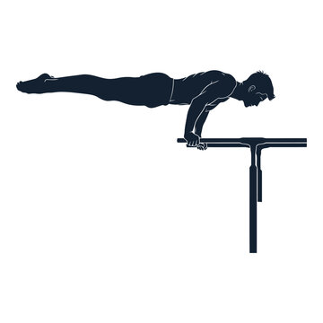 Athlete performing a planche exercise on parallel bars demonstrating strength and body control athletic skill vector on white background