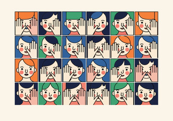Diverse Community People Avatar Grid Illustration, Flat Minimalist Group of Human Faces with Hand Gestures for Social Media, Teamwork, and Inclusive Branding Background © Budak