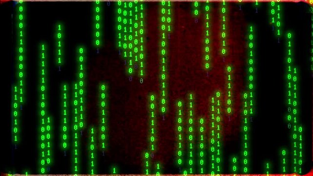 Green glowing binary code falling down on screen with retro style film grain and frame texture