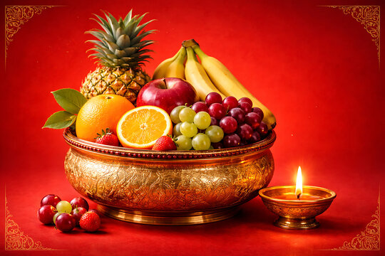 Golden bowl full of fresh fruits and lit diya for vishu and traditional new year morning for hindu festivals celebration with abundance of nature and light