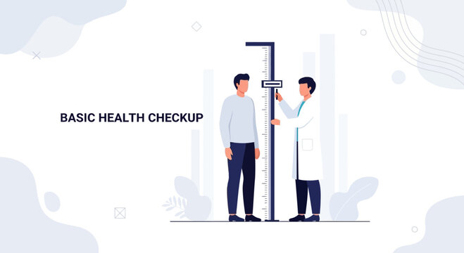 Doctor measuring patient's height during basic health checkup, medical examination concept
