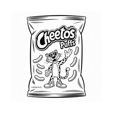 Black and white illustration of a bag of Cheetos Puffs with Chester Cheetah