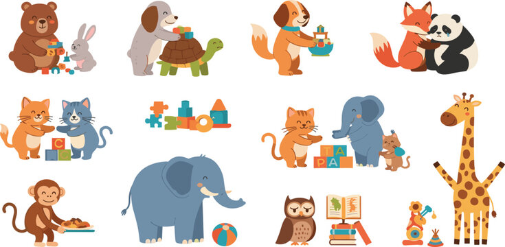 Set of Cute Animals Playing and Learning with Toys Featuring Bear, Dog, Fox, Panda, Elephant, Giraffe, and Monkey Illustrations