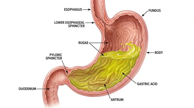 Human Stomach Anatomy Cross Section Diagram with Gastric Acid and Labels