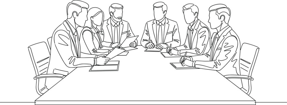 Minimal line art illustration of business team meeting around conference table discussing strategy in corporate office.eps
