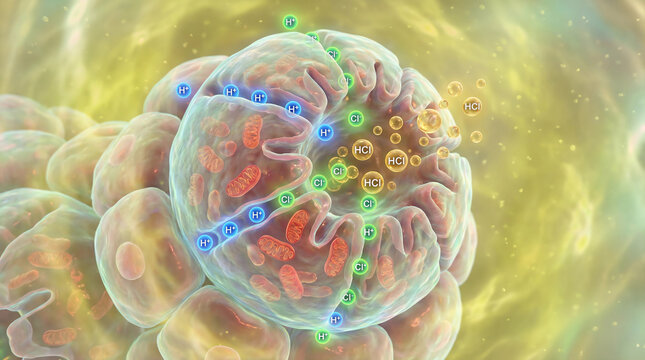 3D Microscopic View of Gastric Acid HCl Secretion by Parietal Cell in Stomach