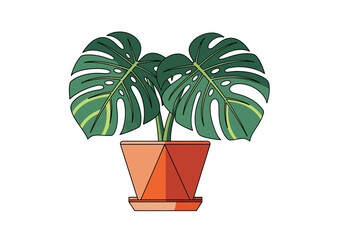 Monstera Deliciosa Houseplant in Geometric Terracotta Pot Illustration - Flat Design Swiss Cheese Plant Vector on White Background for Home Decor and Botanical Graphics © Budak
