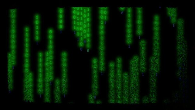 Green glowing binary code falling down on screen with retro style film grain and frame texture