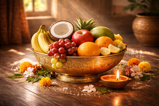 Bowl of fresh fruits and diya on wooden floor for vishu and happy new year for hindu festivals with marigold flowers and sunlight for energy