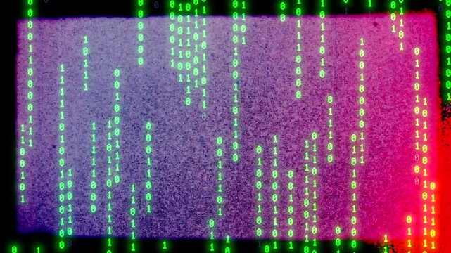 Green glowing binary code falling down on screen with retro style film grain and frame texture