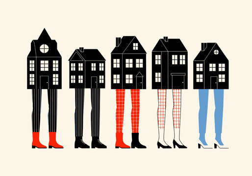 Surreal Real Estate Illustration of Houses with Human Legs and Fashionable Shoes, Concept for Relocation and Home Personality