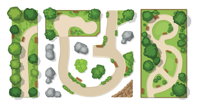 Top view park map elements, green garden landscape constructor with trees and paths, outdoor public park architectural kit in EPS format