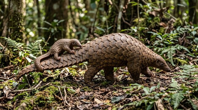 Mother Pangolin Carries Her Baby on Her Back in a Lush Forest.