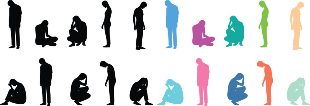 Set of human silhouette figures in various sitting crouching and thinking poses with solid fill shapes, minimal flat vector collection