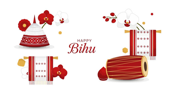 A festive vector illustration celebrates Happy Bihu, showcasing traditional Assamese elements like a jaapi hat, gamusa cloth, and dhol drum against a clean white background with decorative