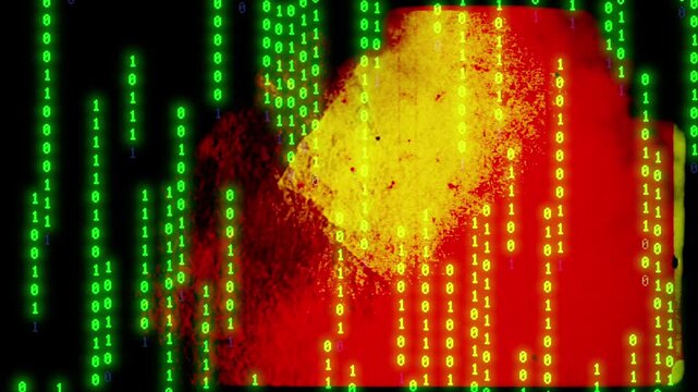 Green glowing binary code falling down with retro style fim grain and texture effects