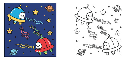 Cute kawaii UFO spaceships in outer space with stars and planets. Colored illustration and black and white outline coloring book page for kids. © MSTA