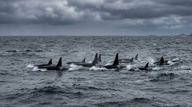 Pod of Orcas Swimming in Choppy Ocean Waters Under Dramatic Sky.