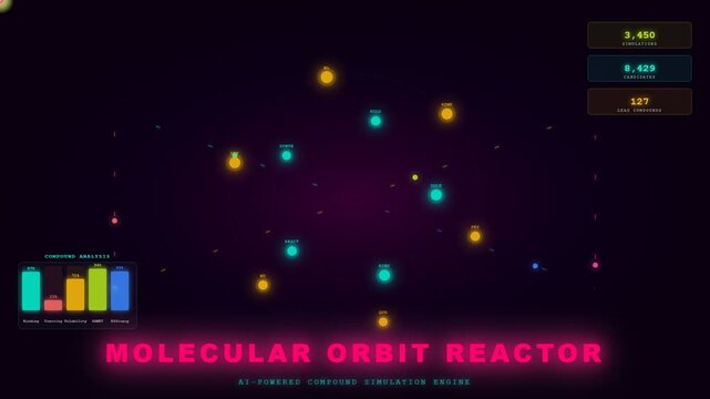 AI Drug Discovery visualizes complex molecular interactions within a simulation engine, dynamically analyzing compound properties and optimizing pharmaceutical development.