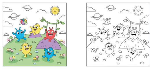Cute kawaii monsters playing in alien landscape with planets. Coloring book page for kids with color and black and white outline vector illustration. © MSTA