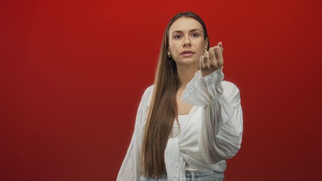 Woman beckons with right hand and visible ring, wearing white blouse and jeans against red studio backdrop with direct gaze; demand.