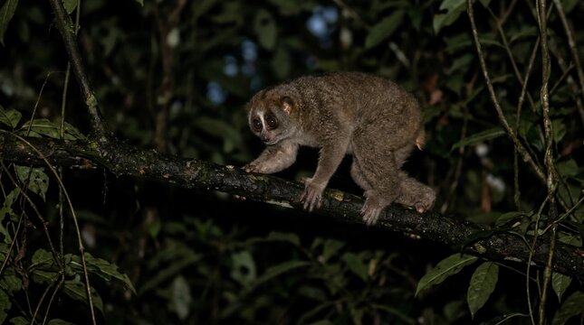Pygmy Slow Loris on a Branch at Night in a Lush Jungle Environment.