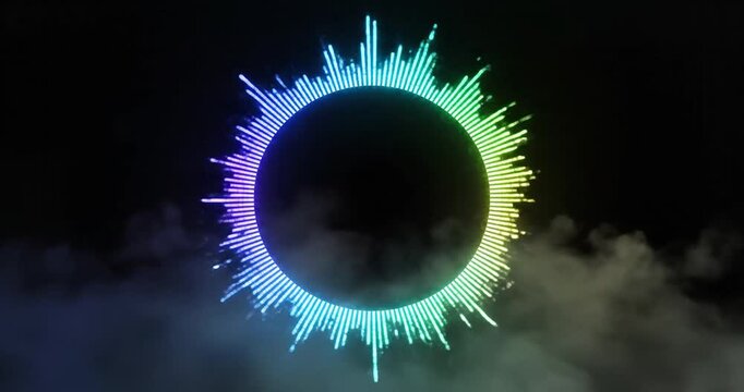 Colorful sound wave visualization encircled by misty clouds against a dark background