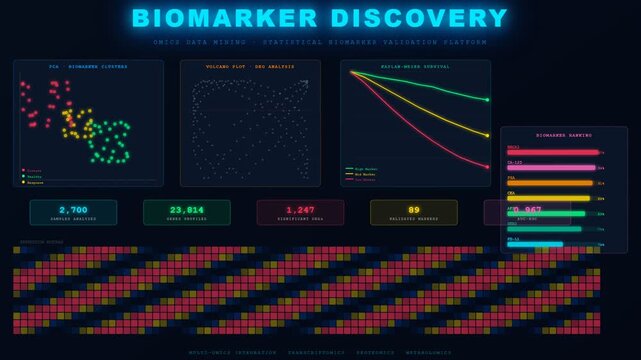 A sophisticated AI Drug Discovery interface dynamically populating with complex omics data visualizations and statistical biomarker analysis.