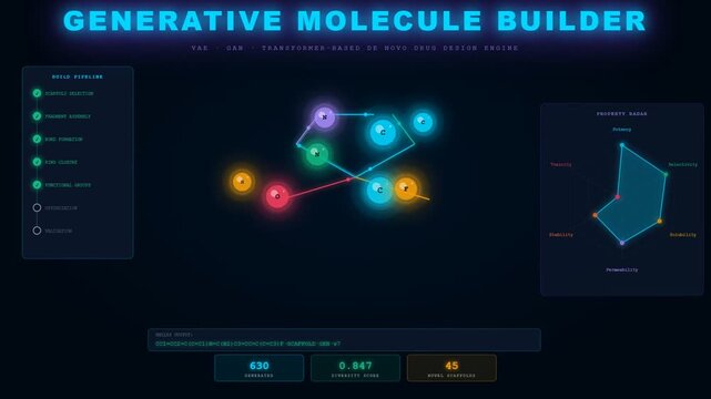 Modern scientific research explores AI Drug Discovery through a generative molecule builder interface with real-time property radar analysis