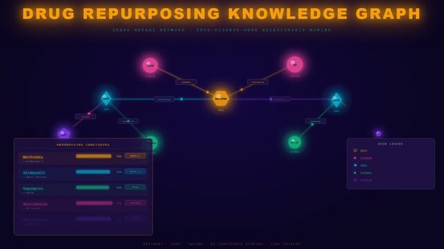 Exploring a dynamic knowledge graph that demonstrates advanced AI Drug Discovery processes for identifying novel drug repurposing candidates and their complex biological interactions.