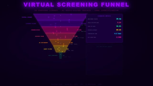 An innovative virtual screening funnel illustrates the AI Drug Discovery workflow, detailing compound library analysis and lead compound identification.