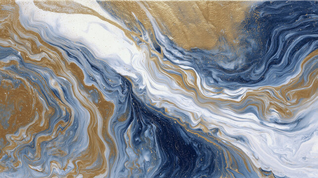 Swirls of gold, navy, and white paint mixing, high gloss texture