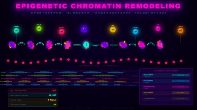Exploring intricate biological mechanisms, an AI Drug Discovery interface presents dynamic epigenetic chromatin remodeling insights for novel pharmaceutical research and therapeutic innovation.