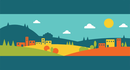 Colorful Village Landscape Illustration. © Kiu