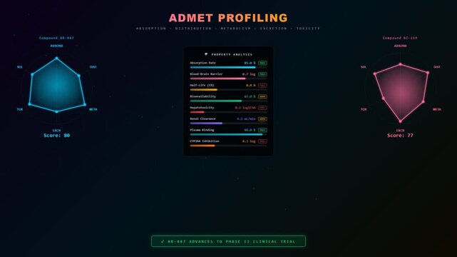 Innovative AI Drug Discovery system profiles drug candidates using ADMET data visualization, accelerating pharmaceutical research and guiding selection for clinical trials.