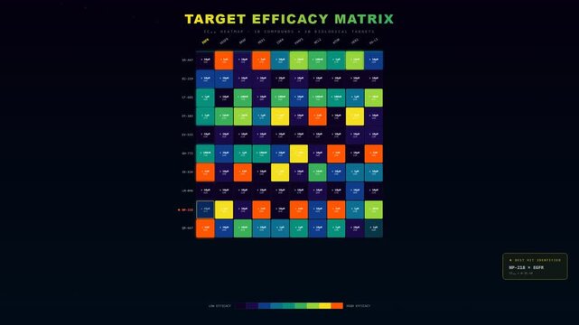AI Drug Discovery visualizes a target efficacy matrix dynamically filling with compound data for biological research.