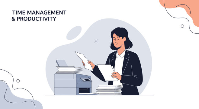 Businesswoman managing documents and printer for time management and productivity concept
