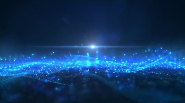 A mesmerizing digital landscape with glowing blue dots and lines forming a futuristic abstract background with a bright light source