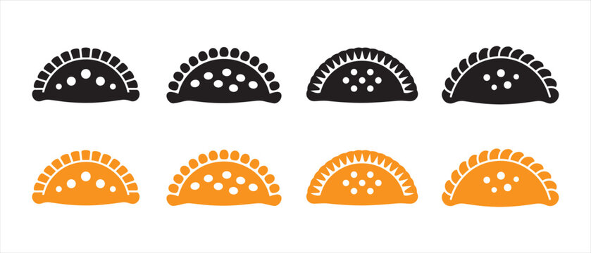 Empanada and Dumpling Icons Set. in Flat Design Style with Black and Orange Color Palette on White Background.