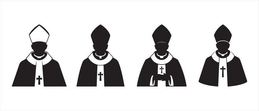 Set of religious clergy and bishop silhouettes in ceremonial attire with mitre hats and crosses, minimalist black and white icons.