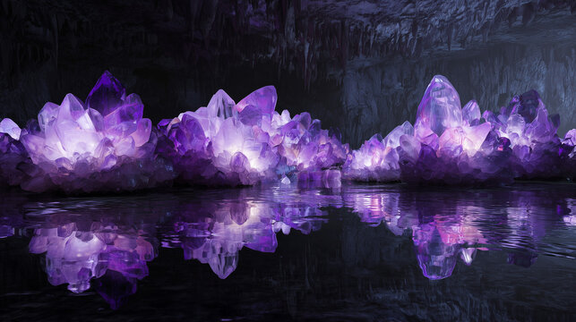 Giant glowing amethyst clusters, reflective water, dark cavern background