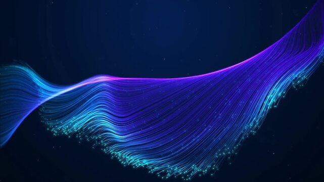 Vibrant blue and purple digital wave form on dark background with glowing lines and particles