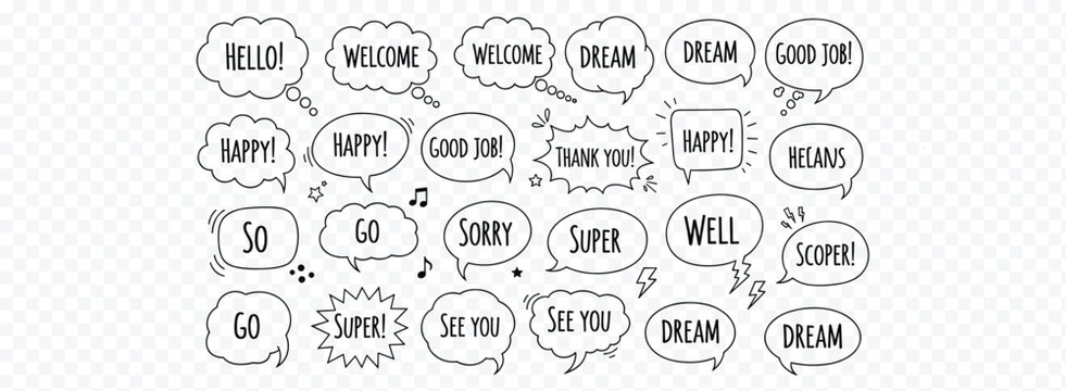 Speech bubble text illustration collection, comic vector artwork set, playful design graphic, expressive motif, flat vector illustration