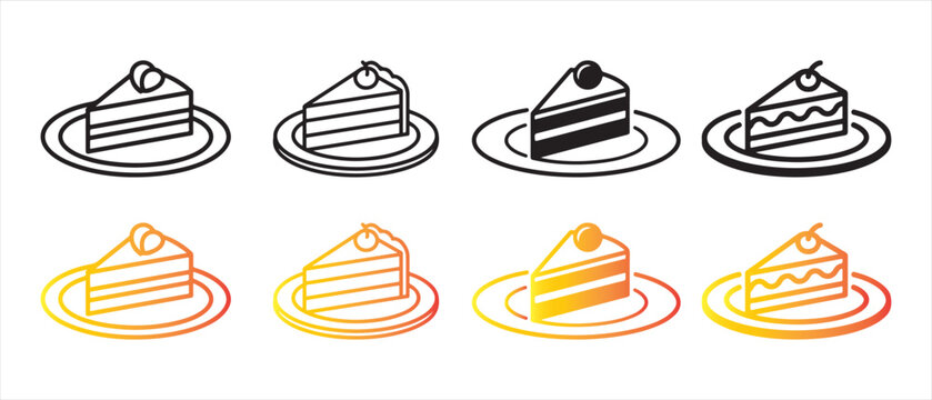 Dessert Cake Slice Icons. with Cherry Topping on Plates in Line Art, Solid, and Gradient Styles.